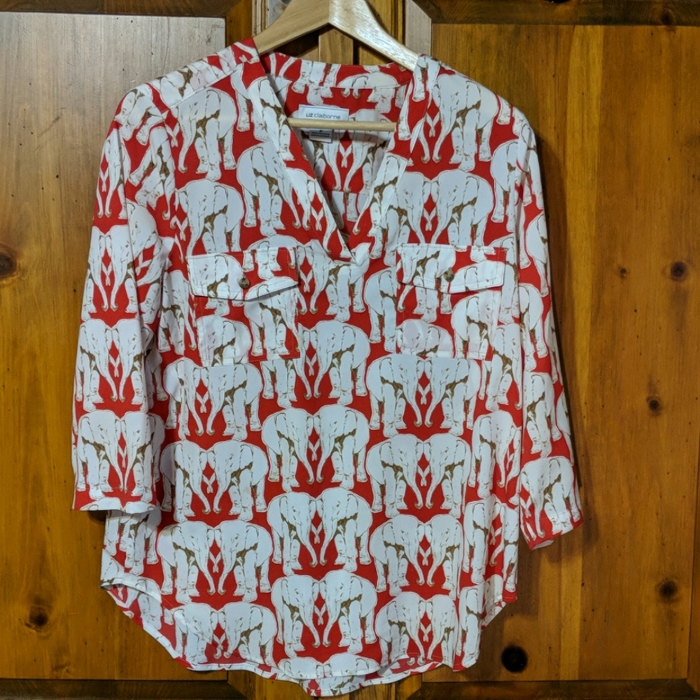 Liz Claiborne Red and White Elephant Print Blouse
